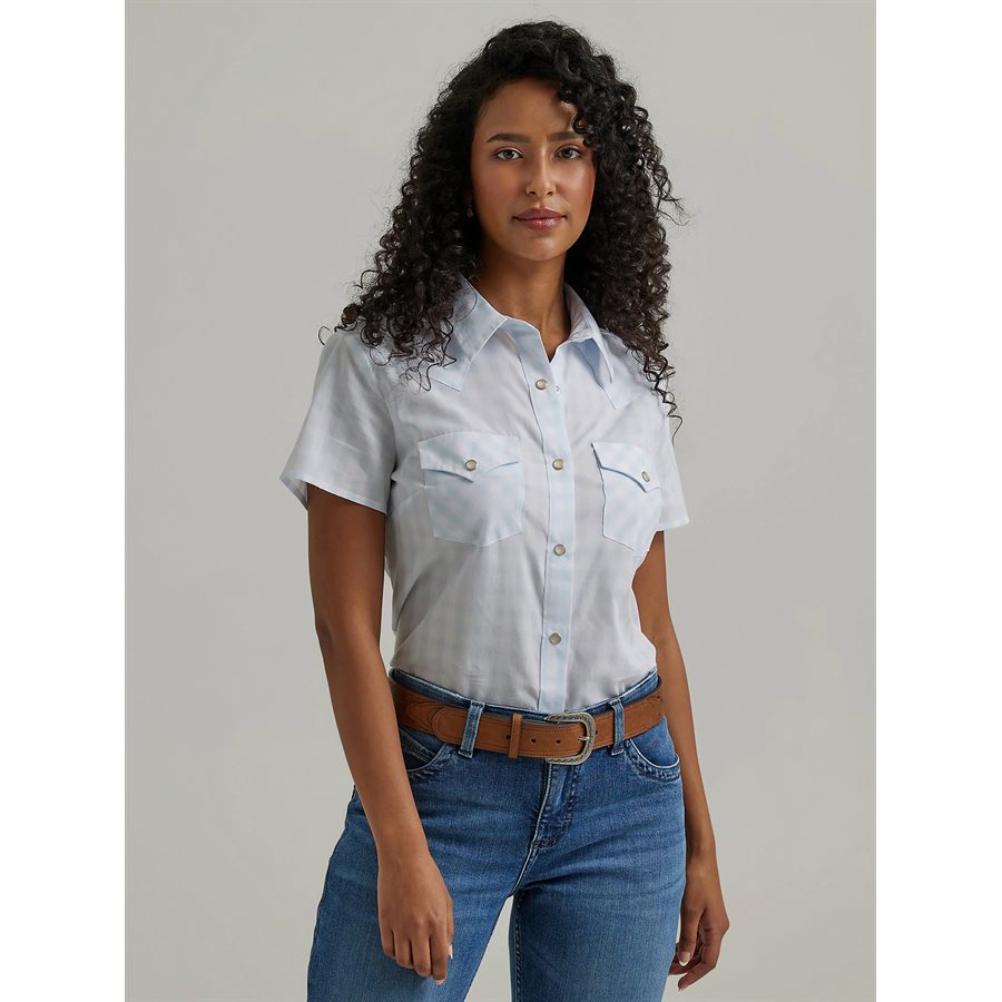 Chemise Western Wrangler Femme – Blanche, Manches Longues, Boutons Pression Nacrés, Taille XL